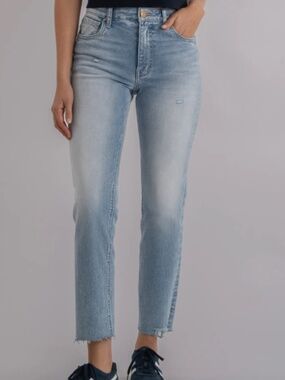 Kut from the Kloth Rachael Fab Ab Mom Jeans Light Blue Cropped Raw Hem Jeans